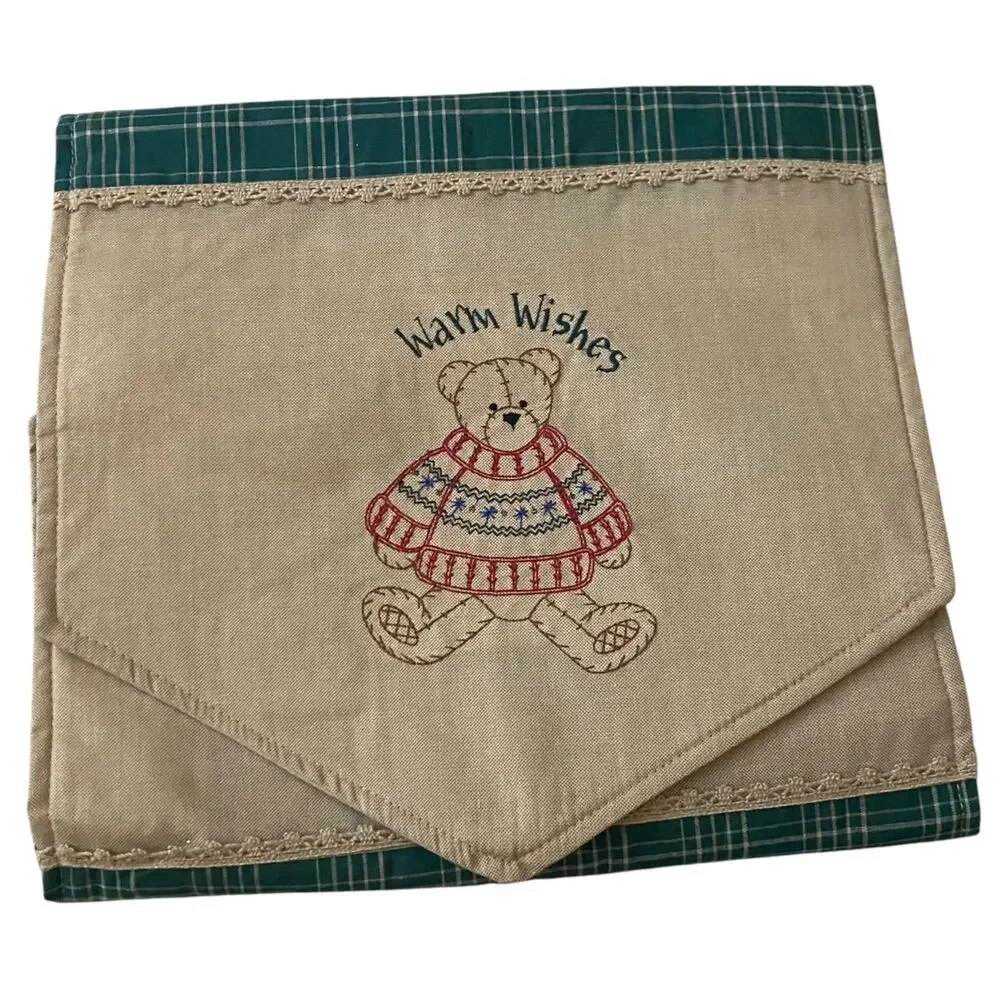 Vintage table runner for side table that reads “Warm Wishes” w teddy bear design